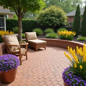 Sunset Terrace Escape - Warm terracotta paver patio in running bond pattern with built-in curved bench seating. Surrounded by yellow lantana and purple verbena in copper planters. Simple rattan lounge chairs with earth-toned cushions.