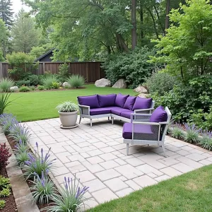 Sunset Valley Retreat - Simple rectangular paver patio using budget-friendly concrete pavers in a running bond pattern. Mexican heather and maiden grass create soft purple borders. Basic aluminum mesh furniture with deep purple cushions. DIY concrete planters with trailing silver falls dichondra.