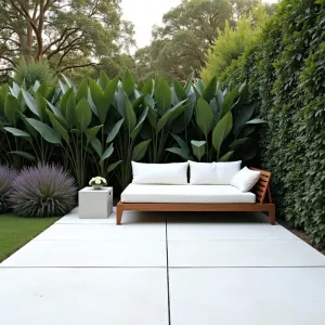 Tropical Minimalist Haven - Large-format concrete paver patio in pure white, creating clean lines against lush greenery. Towering bird of paradise and clusters of purple cordyline frame the space. Simple teak daybed with crisp white cushions and minimalist concrete side tables.