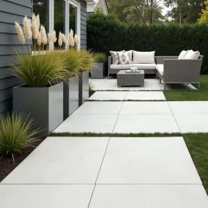 Urban Garden Minimalist - Contemporary square paver patio with sleek white porcelain tiles. Bordered by steel planters containing tall Mexican feather grass and New Zealand flax. Minimalist rope-weave furniture in light grey with simple geometric throw pillows.