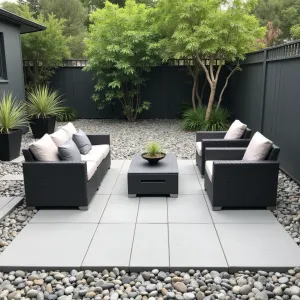 Urban Zen Simplicity - Minimalist square paver patio using basic grey concrete pavers. Japanese forest grass and dwarf bamboo in simple black containers. Affordable plastic rattan-look furniture in charcoal with zen-inspired cushions. River rock border creates natural transition.