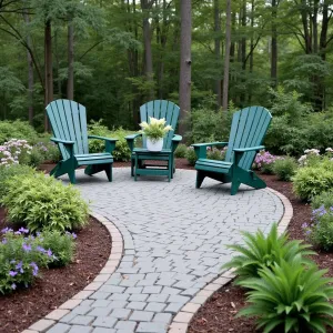 Woodland Edge Economy - Cost-effective natural grey paver patio with simple basket weave pattern. Native woodland phlox and columbine create natural border. Basic resin Adirondack chairs in forest green. Pine needle mulch provides natural woodland feel.