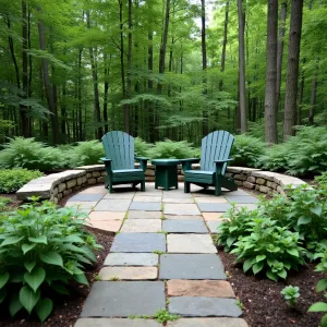 Woodland Edge Paver Retreat - Natural stone paver patio that blends into a woodland setting. Surrounded by ferns, hostas, and shade-loving perennials. Simple Adirondack chairs in forest green with outdoor side tables.