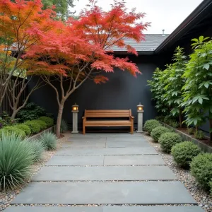 Zen Garden Paver Oasis - Minimalist rectangular paver patio with large format grey stones, complemented by Japanese maple trees and ornamental grasses. Features a simple wooden bench and stone lanterns for meditation space.