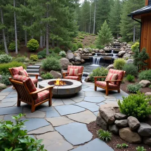 Alpine Rock Garden - Natural slate patio integrated with rock garden featuring alpine plants and dwarf conifers. Rustic log furniture with plaid wool cushions, surrounded by miniature rhododendrons and creeping thyme. Stone fire pit with built-in seating and views of rock garden waterfall.