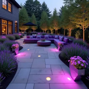 Amethyst Garden Lounge - Purple-tinted concrete patio with embedded amethyst crystals. Modern curved sectional in deep purple with silver accents. Russian sage, purple allium, and lavender create waves of purple hues. Crystal-shaped steel planters with cascading purple petunias. LED lighting system changes colors at night.