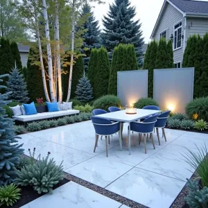 Arctic Frost Garden - White marble chip patio with frosted glass tile borders. Modern acrylic furniture with ice blue cushions. White birch multi-stems surrounded by blue spruce and silver sage create cool tones. Illuminated ice sculpture fountains and frosted glass privacy screens. White astilbe provides soft texture.