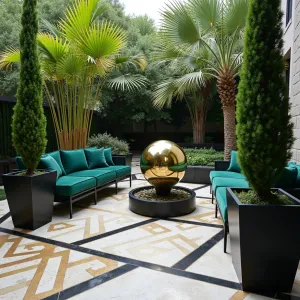 Art Deco Courtyard - Geometric patterned concrete patio with gold and black art deco motifs. Modern furniture in black metal with emerald green velvet cushions. Tall pyramid-shaped boxwood in black planters, while fan palms provide dramatic foliage. Mirror-finish sphere water feature and architectural lighting.