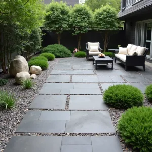 Asian Fusion Garden Terrace - Charcoal-colored concrete pavers arranged in a traditional Japanese pattern, creating a serene patio space. Cloud-pruned boxwood and Japanese forest grass line the edges, with a small rock garden featuring carefully placed granite boulders. Simple bamboo water feature and black metal furniture with neutral cushions.