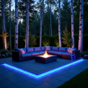 Aurora Borealis Lounge - Dark granite patio with luminescent stone inlays that glow at night. Sleek outdoor sectional in deep blue with aurora-inspired cushions. Tall white birch trees create backdrop for projected light display. Color-changing LED strip lighting creates northern lights effect. Glass fire table with color-shifting flames.