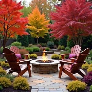 Autumn Maple Haven - Natural stone patio with warm rust-colored tones, surrounded by Japanese maples in various autumn colors. Deep copper-colored Adirondack chairs with burgundy cushions. Underplanted with gold Japanese forest grass and burgundy heuchera. Fire table with dancing flames reflects fall colors.