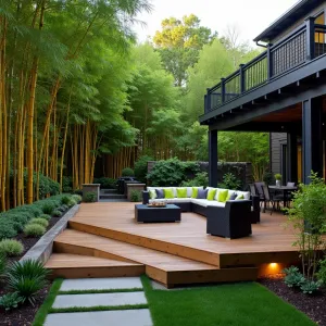 Bamboo Forest Retreat - Elevated ipe wood patio with black aluminum railings, surrounded by towering bamboo grove. Modern sectional in charcoal with lime green accents, overlooking custom water wall. Giant timber bamboo and dwarf bamboo varieties create layers of green, while path lights create dramatic shadows.