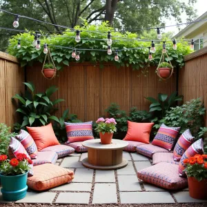 Bohemian Budget Paradise - Crushed stone patio featuring colorful Moroccan-inspired floor cushions and repurposed wooden cable spool tables. String lights criss-cross overhead, potted petunias and zinnias in painted tin containers. Bamboo screening provides privacy, with hanging macramé planters filled with trailing ivy.