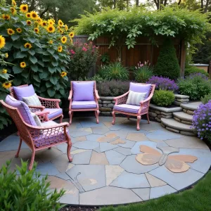 Butterfly Ballet Garden - Circular stamped concrete patio with embedded butterfly designs, surrounded by tiered butterfly-attracting perennials. Vintage metal furniture in soft pink with lavender cushions. Mexican sunflowers, butterfly bush, and swaying verbena create living curtain. Solar butterfly lights twinkle at night.