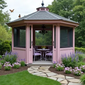 Butterfly Ballet Pavilion - Hexagonal patio pavilion with retractable mesh screens for butterfly viewing. Vintage metal furniture in soft pink with lavender accents. Butterfly-attracting gardens featuring butterfly weed, purple coneflower, and lantana create living sanctuary. Solar-powered butterfly sculptures that gently move with the wind.