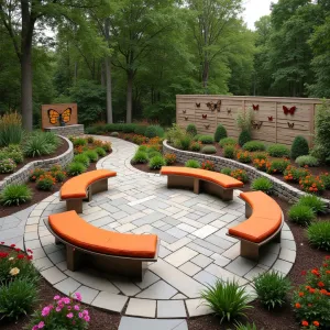 Butterfly Flight Path - Circular patio zones connected by flowing pathways representing butterfly migration. Contemporary curved benches in bronze with orange cushions. Tiered butterfly bush, lantana, and zinnia gardens create living butterfly habitat. Solar-powered butterfly sculptures change color at dusk. Curved privacy screens with butterfly cutouts.