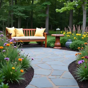 Butterfly Sanctuary Patio - Natural limestone patio with curved edges, surrounded by butterfly-attracting perennials including butterfly weed, purple coneflower, and joe pye weed. Handcrafted cedar bench seating with pale yellow cushions, decorative bird bath, and native grass border. Solar-powered glass butterfly lights provide evening ambiance.