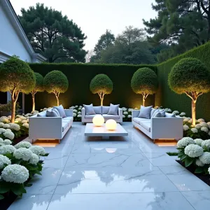 Cloud Garden Lounge - White marble patio with modern cloud-pruned topiary creating living sculptures. Sleek white furniture with pale gray cushions, surrounded by masses of white hydrangeas and silver-leaved plants. Illuminated sphere fountains and LED strip lighting create ethereal evening atmosphere.