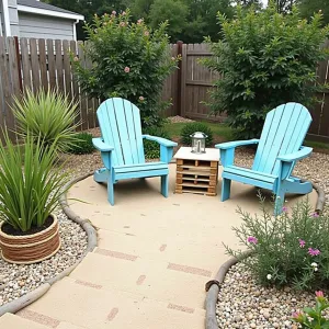 Coastal Beach Retreat - Sand and shell patio with recycled wooden boardwalk elements, featuring painted Adirondack chairs from pallets. Coastal grasses, hardy lantana, and trailing ice plant in rope-wrapped containers. DIY driftwood art and solar beach lanterns.