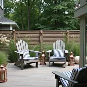 Coastal Dune Retreat - Weather-worn ipe wood deck patio with rope-detail privacy screen. Adirondack chairs in driftwood gray with navy striped cushions. Surrounded by coastal grasses, hardy dusty miller, and trailing beach morning glory. Nautical-inspired copper lanterns and preserved marine buoys as decoration.