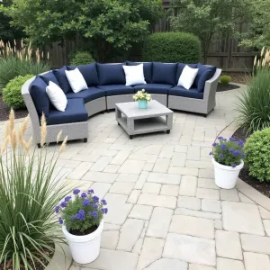 Coastal Hampton Retreat - Light-colored tumbled concrete pavers in a herringbone pattern, creating an elegant yet casual patio space. Weather-resistant wicker furniture in soft gray with navy blue cushions. Hydrangeas and ornamental grasses provide seaside charm, with potted lavender in white ceramic planters.