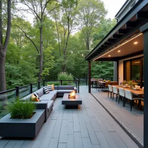 Contemporary Forest Edge Deck - Elevated composite deck patio with glass railings overlooking natural woodland. Modern sectional seating in charcoal gray, built-in planters with ornamental grasses, and a linear fire pit. Steel pergola with retractable shade cloth and integrated LED lighting.