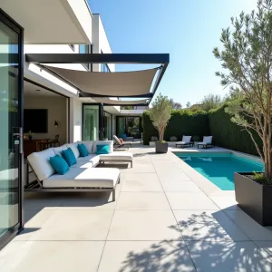 Contemporary Poolside Patio - Large format porcelain tile patio adjacent to modern pool, featuring clean lines and minimalist design. White and gray outdoor sectional with bright blue accents, steel pergola with retractable shade panels. Tall ornamental grasses and sculptural olive trees in modern containers.