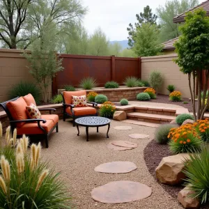 Copper Canyon Terrace - Multi-level decomposed granite patio with copper-colored concrete retaining walls. Rustic iron furniture with terra cotta cushions. Mexican feather grass, copper canyon daisy, and orange sedums create warm color palette. Rusted metal privacy screens with integrated copper water channels.