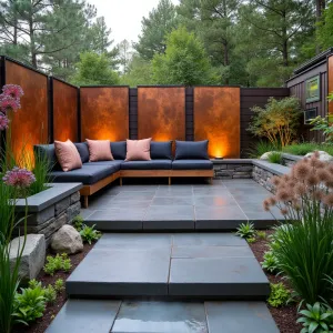 Copper Creek Terrace - Multi-tiered copper-toned slate patio with flowing water channels between levels. Modern teak sectional with charcoal and copper cushions, surrounded by Japanese forest grass and copper-hued heuchera. Weathered copper privacy screens with integrated LED lighting and cascading water features. Giant allium and ornamental bronze fennel add height.