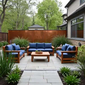 Copper Rain Garden - Natural stone patio featuring copper rain chains and water collection system. Sustainable teak furniture with deep blue weatherproof cushions. Rain garden plants including iris, rushes, and ornamental grasses create dynamic environment. Copper-clad privacy screens develop natural patina over time.