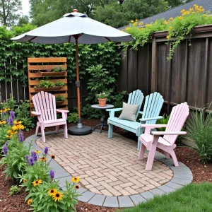 Cottage Garden Budget Bliss - Mixed material patio using salvaged brick and gravel, with upcycled wooden furniture painted in pastel colors. Surrounded by budget-friendly perennials including coneflowers, black-eyed susans, and cosmos. DIY vertical pallet garden with trailing nasturtiums.