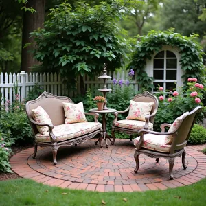 Cottage Garden Patio Haven - Circular brick patio surrounded by lush English garden borders filled with roses, delphiniums, and foxgloves. Vintage-style wrought iron furniture with floral cushions, surrounded by white picket fence with climbing clematis. Antique bird bath centerpiece.