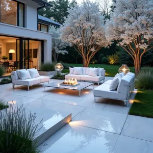 Crystal Ice Garden - White quartz aggregate patio with crystal glass inlays. Clear acrylic furniture with white faux fur throws. White cherry blossom trees create canopy. Diamond-shaped planters with white cardinal flowers and silver artemisia. Illuminated ice sculpture fountains change colors at night.