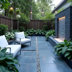 Crystal Rain Garden - Blue-gray slate patio with crystal quartz inlays, featuring a custom rain curtain water wall. Modern lucite and chrome furniture with white waterproof cushions. Clusters of white caladiums and blue hosta create cool tones. LED-illuminated rain chains and crystal hanging planters with air plants.