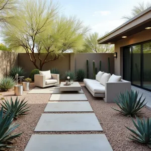 Desert Modern Minimalist - Large rectangular concrete pavers with desert-toned gravel infill, creating a clean geometric pattern. Low-profile concrete furniture with neutral cushions, surrounded by architectural agave and golden barrel cactus. Modern steel planters and subtle landscape lighting.