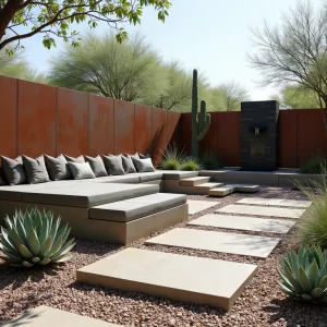 Desert Modern Retreat - Concrete and gravel patio with angular design, featuring built-in concrete seating with weather-resistant cushions. Surrounded by sculptural succulents, agave plants, and desert grasses. Cor-ten steel privacy screens and a modern slate water feature.