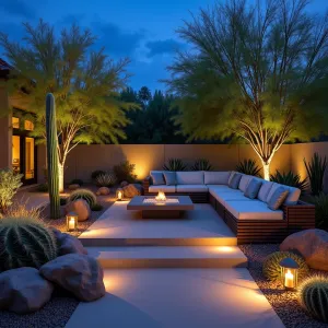 Desert Night Bloom - Smooth sandstone patio with integrated LED lighting highlighting night-blooming cereus and evening primrose. Modern low-profile seating in desert sand tones with silver cushions. Illuminated saguaro cactus creates dramatic shadows. Queen of the night cactus and desert wildflowers provide evening interest.