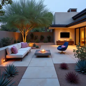 Desert Opal Garden - Sandstone patio with opal and mother of pearl inlays. Modern low-profile seating in cream with iridescent fabric accents. Desert rose succulents and blue glow agave create living jewelry effect. Illuminated glass and metal sculptures change colors like opals. Mirror-polished steel spheres reflect surroundings.