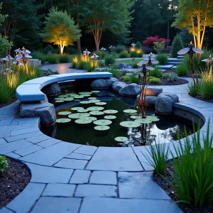 Dragonfly Dance Garden - Blue slate patio surrounding a naturalistic pond with native water plants. Modern concrete bench seating with waterproof blue cushions. Native iris, rushes, and water lilies attract dragonflies. Metal sculpture dragonflies with crystal wings catch light. LED underwater lighting creates magical evening atmosphere.