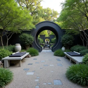 Eastern Serenity Garden - Circular moon gate entrance leading to a peaceful granite and river rock patio. Black bamboo creates natural screening, while Japanese forest grass and mondo grass soften the edges. Cast stone benches with charcoal cushions, ceramic rain chain water feature, and traditional stone lanterns illuminating the space.