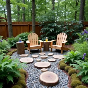 Eco-Friendly Forest Edge - Natural stepping stone patio with pea gravel fill, featuring repurposed log seating and stumps as side tables. Native ferns, woodland flowers, and moss garden surrounds. Solar lighting in recycled glass jars, with DIY rainwater collection system.