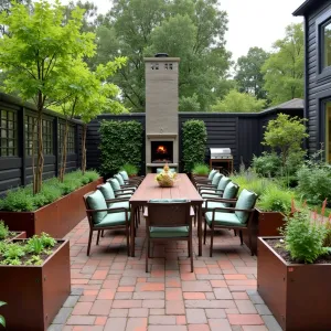 Edible Paradise Patio - Reclaimed brick patio surrounded by raised cor-ten steel planters filled with edible landscapes. Modern dining set in bronze with sage green cushions. Espaliered fruit trees, trailing strawberries, and vertical herb gardens create living walls. Pizza oven and herb-drying station add functionality.