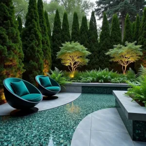 Emerald Quartz Sanctuary - Polished concrete patio inlaid with emerald and crystal quartz aggregate, creating a sparkling surface. Modern egg chairs in matte black with emerald velvet cushions. Surrounded by towering green giant arborvitae and cascading emerald chain ferns. Glass mosaic water wall with LED uplighting creates dramatic evening atmosphere.