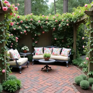 English Garden Hideaway - Reclaimed brick pavers laid in a basket weave pattern, creating a charming vintage patio. Classic cast iron furniture with floral cushions, surrounded by climbing roses and clematis on wooden arbors. Herb garden border with sage, thyme, and oregano.