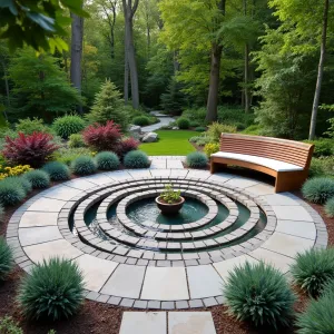 Fibonacci Spiral Garden - Circular patio with golden ratio spiral pattern in contrasting stone. Modern curved bench following spiral pattern with copper accents. Planted spiral featuring burgundy heuchera, blue fescue, and golden creeping jenny. Central water feature creates spiral water movement. Mathematical art installations reference nature's patterns.