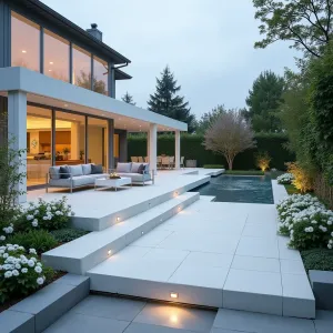 Floating Cloud Deck - Elevated white composite deck creating floating effect with frosted glass panels. Cloud-white outdoor furniture with pearl gray cushions. White wave petunia cascading over edges, with silver falls dichondra and white gaura creating movement. Integrated fog system creates mystical atmosphere.