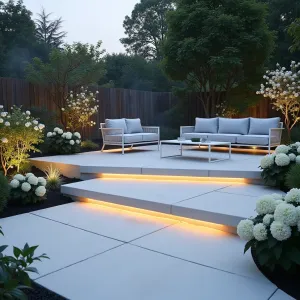 Floating Cloud Terrace - Multi-level white concrete patio with illuminated gap between levels creating floating effect. Modern white mesh furniture with cloud-gray cushions. White flowering plants including hydrangeas and white butterfly bush create dreamy atmosphere. Fog feature and uplighting create mystical evening ambiance.