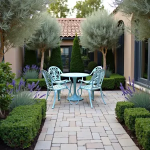 French Country Courtyard - Limestone pavers in a traditional running bond pattern, weathered to create an aged appearance. Vintage-inspired metal furniture painted in soft blue, surrounded by perfectly trimmed boxwood parterre. Potted olive trees and french lavender provide Mediterranean charm.