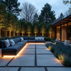 Geometric Shadow Play - Large-format concrete tiles with geometric cutouts creating shadow patterns. Angular sectional in charcoal with geometric print cushions. Sculptural topiary in cubic forms, with linear plantings of steel blue fescue. Perforated metal screens cast artistic shadows. LED strip lighting emphasizes geometric patterns at night.