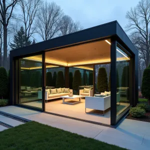 Glass Pavilion Garden Room - Modern glass-enclosed patio pavilion with retractable walls and pitched roof. Featuring brushed concrete flooring and minimalist white aluminum furniture with sage velvet cushions. Surrounded by specimen Japanese maples and cloud-pruned boxwood. LED strip lighting in ceiling beams creates evening ambiance. Integrated climate control and automated shade system.